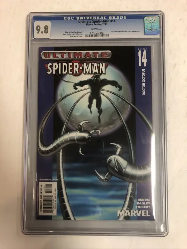 Ultimate Spider-Man #14 (Marvel Comics, 2001), CGC 9.8 graded comic book, Universal Blue label — front cover in its holder