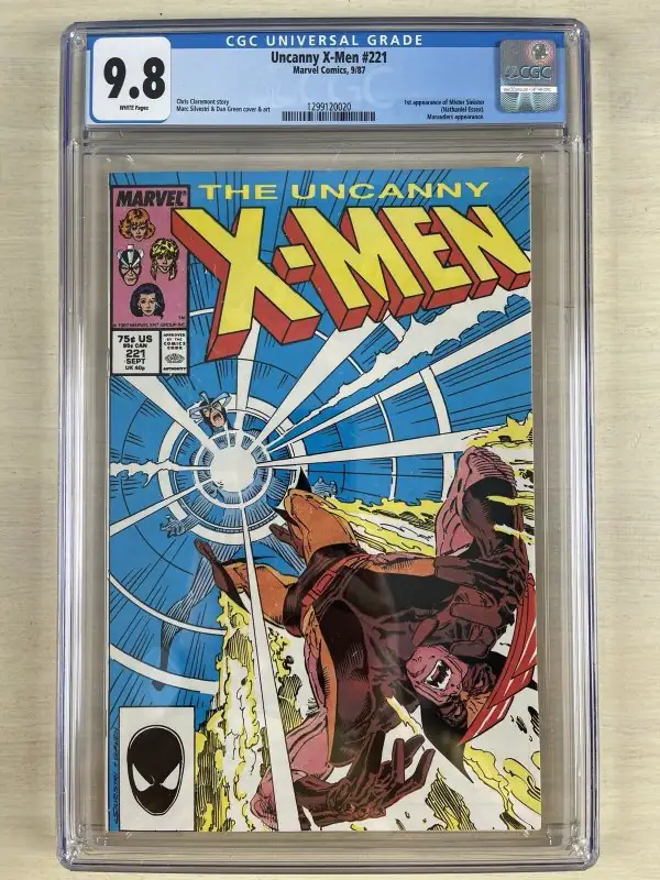 Uncanny X-Men #221 (Marvel Comics, 1987), CGC 9.8 graded comic book, Universal Blue label — front cover in its holder