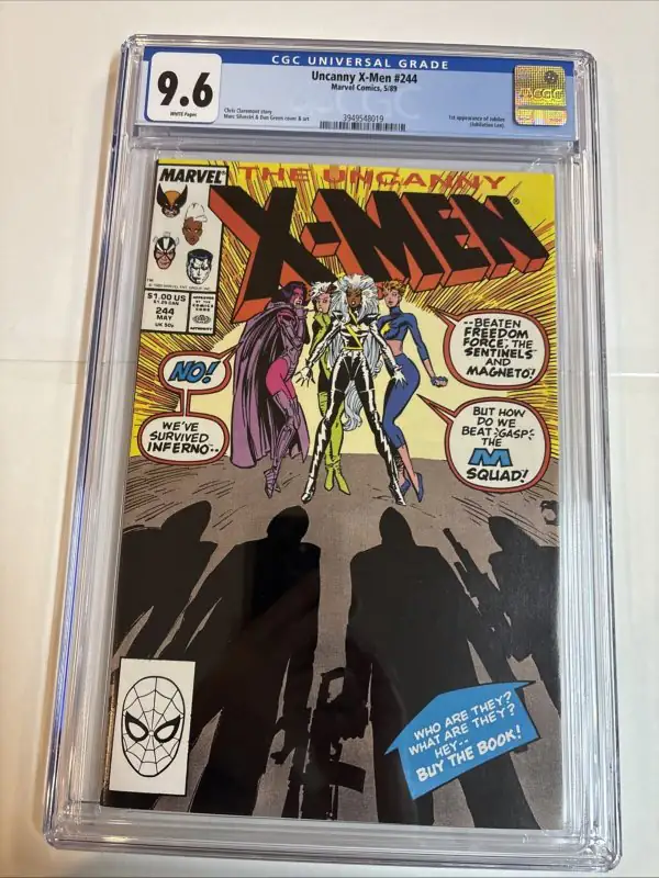 Uncanny X-Men #244 (Marvel Comics, 1989), CGC 9.6 graded comic book, Universal Blue label — front cover in its holder