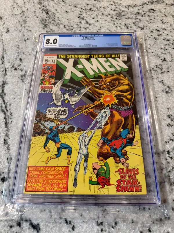 (Uncanny) X-Men #65 (Marvel Comics, 1970), CGC 8.0 graded comic book, Universal Blue label — front cover in its holder