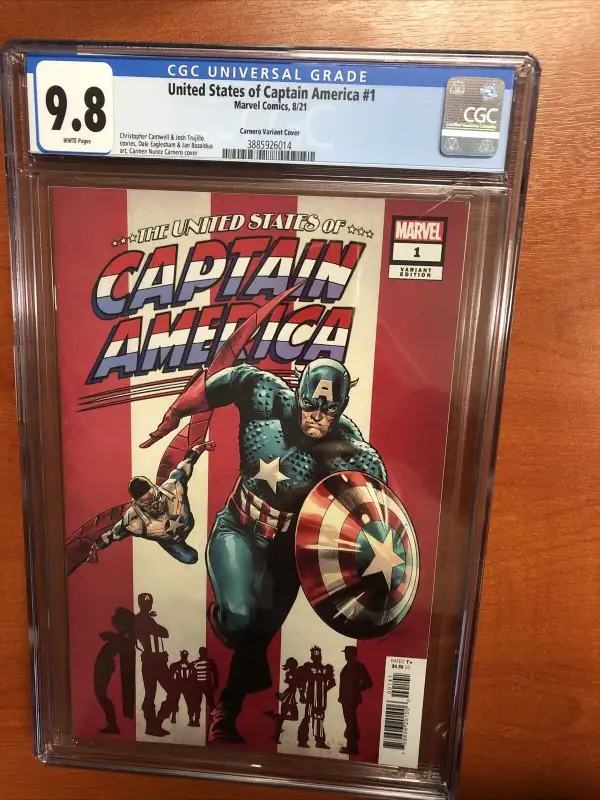 United States of Captain America #1 (Marvel Comics, 2021), CGC 9.8 graded comic book, Universal Blue label — front cover in its holder