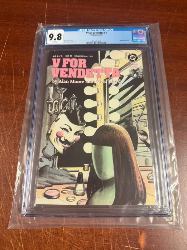 V for Vendetta #1 (DC Comics, 1988), CGC 9.8 graded comic book, Universal Blue label — front cover in its holder