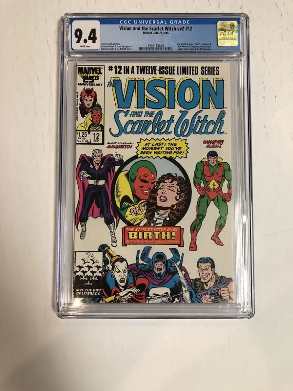 Vision and the Scarlet Witch #12 (Marvel Comics, 1986), CGC 9.4 graded comic book, Universal Blue label — front cover in its holder