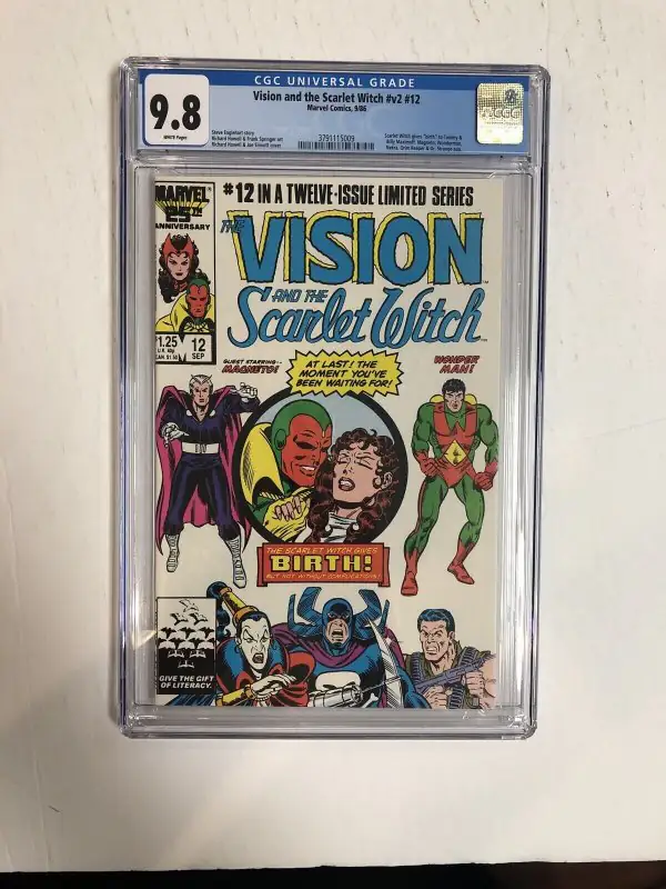 Vision and the Scarlet Witch #12 (Marvel Comics, 1986), CGC 9.8 graded comic book, Universal Blue label — front cover in its holder