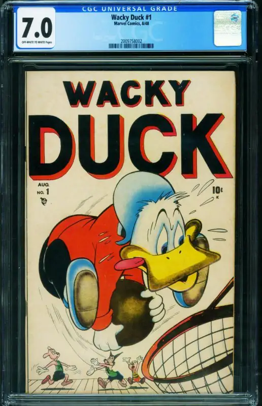 Wacky Duck #1 (Timely Comics, 1948), CGC 7.0 graded comic book, Universal Blue label — front cover in its holder