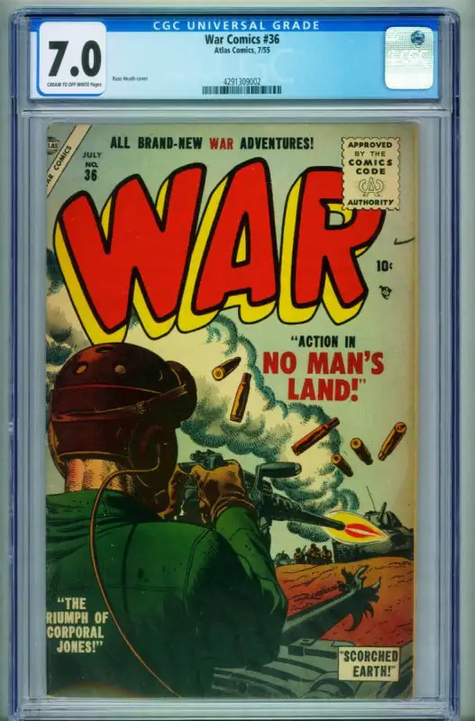 War #36 (Atlas Comics, 1955), CGC 7.0 graded comic book, Universal Blue label — front cover in its holder