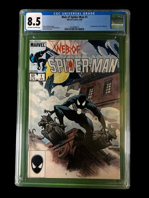 Web of Spider-Man #1 (Marvel Comics, 1985), CGC 8.5 graded comic book, Universal Blue label — front cover in its holder