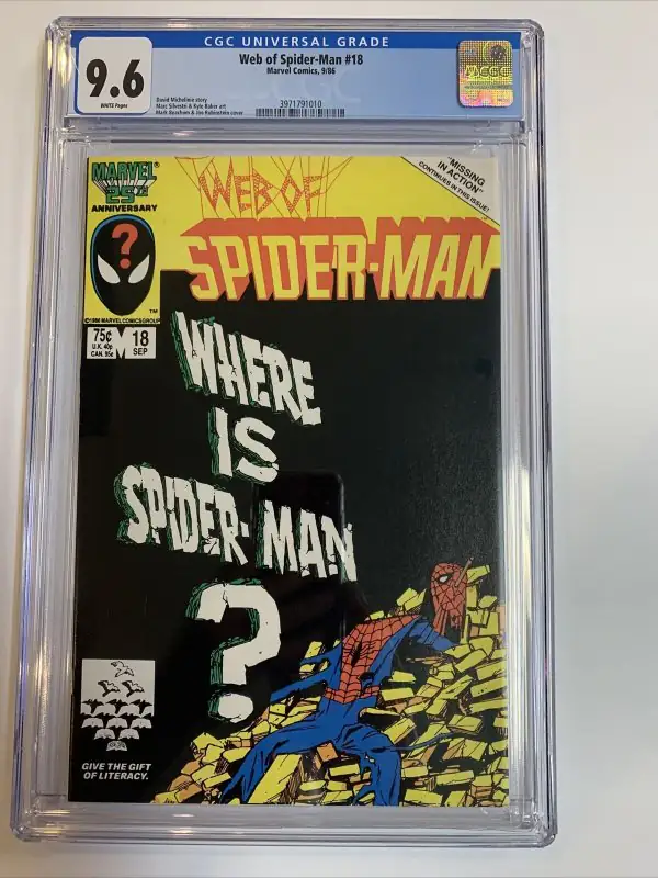 Web of Spider-Man #18 (Marvel Comics, 1986), CGC 9.6 graded comic book, Universal Blue label — front cover in its holder