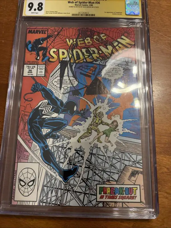 Web of Spider-Man #36 (Marvel Comics, 1988), CGC 9.8 graded comic book, Signature Series label — front cover in its holder
