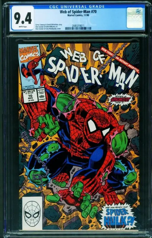 Web of Spider-Man #70 (Marvel Comics, 1990), CGC 9.4 graded comic book, Universal Blue label — front cover in its holder
