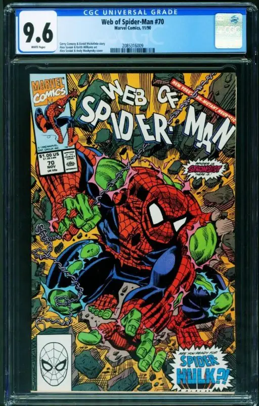 Web of Spider-Man #70 (Marvel Comics, 1990), CGC 9.6 graded comic book, Universal Blue label — front cover in its holder