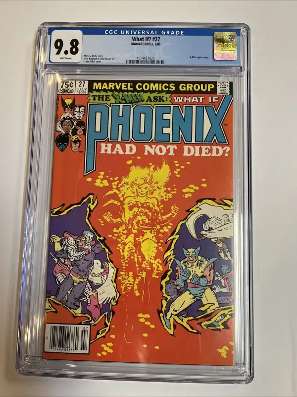 What If? #27 (Marvel Comics, 1981), CGC 9.8 graded comic book, Universal Blue label — front cover in its holder