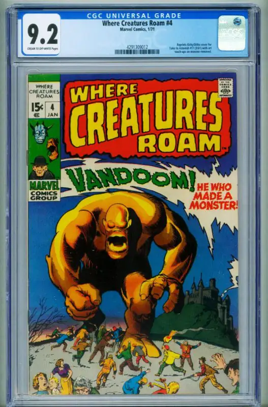 Where Creatures Roam #4 (Marvel Comics, 1971), CGC 9.2 graded comic book, Universal Blue label — front cover in its holder