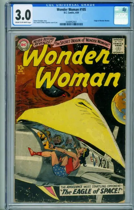 Wonder Woman #105 (DC Comics, 1959), CGC 3.0 graded comic book, Universal Blue label — front cover in its holder