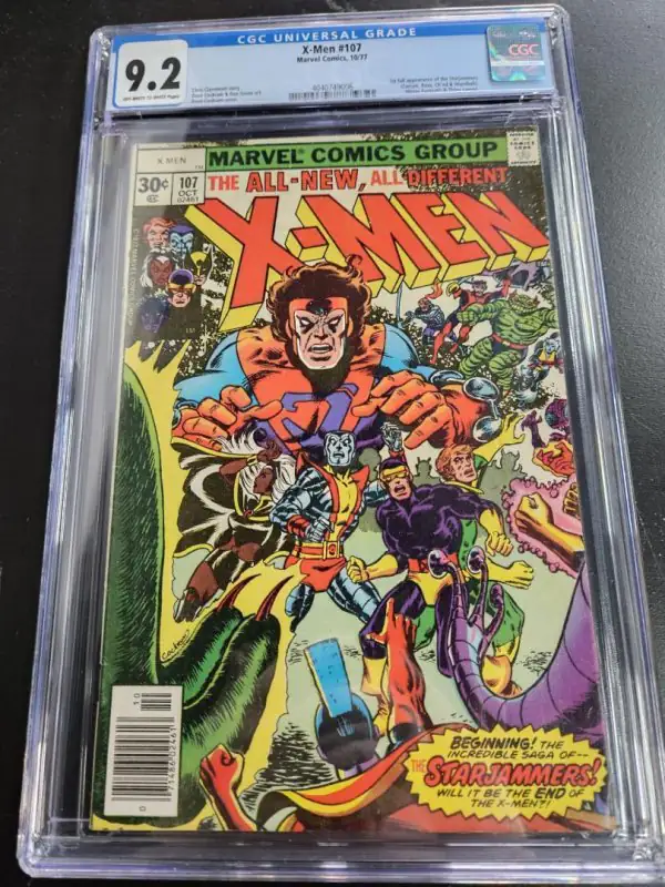 X-Men #107 (Marvel Comics, 1977), CGC 9.2 graded comic book, Universal Blue label — front cover in its holder
