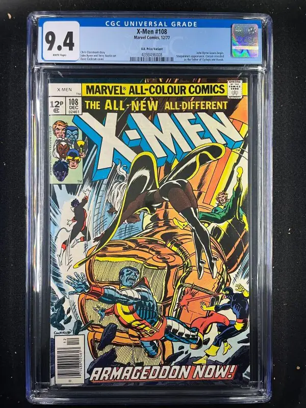 X-Men #108 (Marvel Comics, 1963), CGC 9.4 graded comic book, Universal Blue label — front cover in its holder