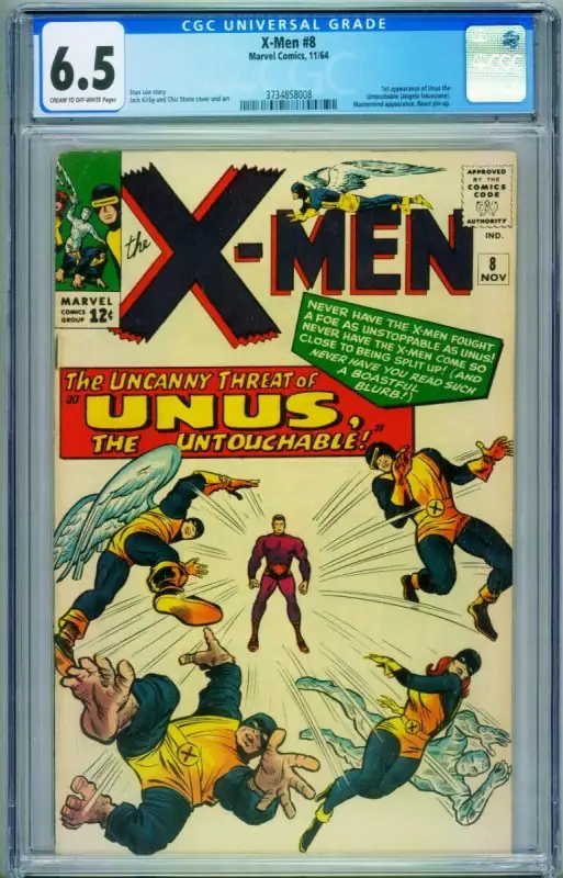 X-Men #8 (Marvel Comics, 1965), CGC 6.5 graded comic book, Universal Blue label — front cover in its holder