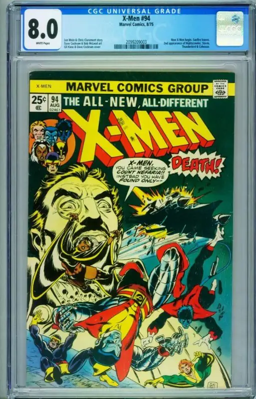 X-Men #94 (Marvel Comics, 1975), CGC 8.0 graded comic book, Universal Blue label — front cover in its holder