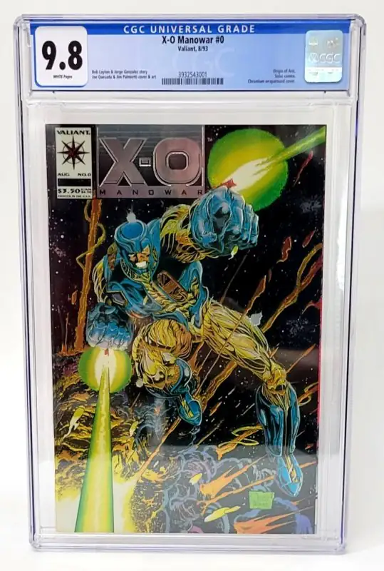 X-O Manowar #0 (Valiant Comics, 1993), CGC 9.8 graded comic book, Universal Blue label — front cover in its holder