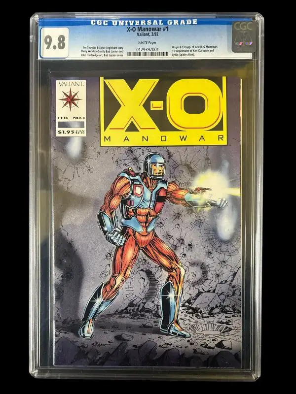 X-O Manowar #1 (Valiant Comics, 1992), CGC 9.8 graded comic book, Universal Blue label — front cover in its holder