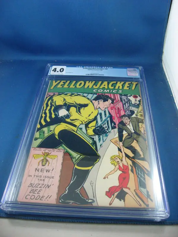 Yellowjacket #8 (Charlton Comics, 1946), CGC 4.0 graded comic book, Universal Blue label — front cover in its holder
