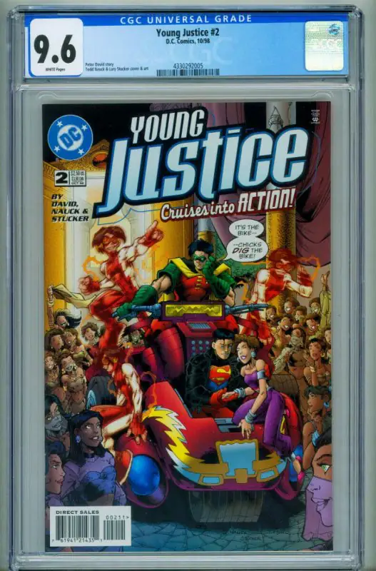 Young Justice #2 (DC Comics, 1998), CGC 9.6 graded comic book, Universal Blue label — front cover in its holder