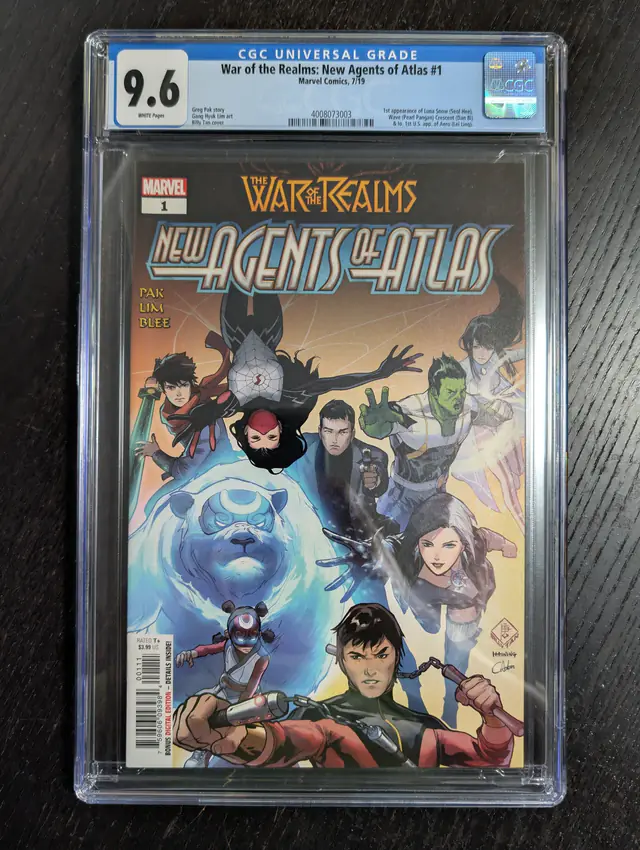 War of the Realms: New Agents of Atlas #1 (Marvel Comics, 2019), CGC 9.6 graded comic book, Universal Blue label — front cover in its holder